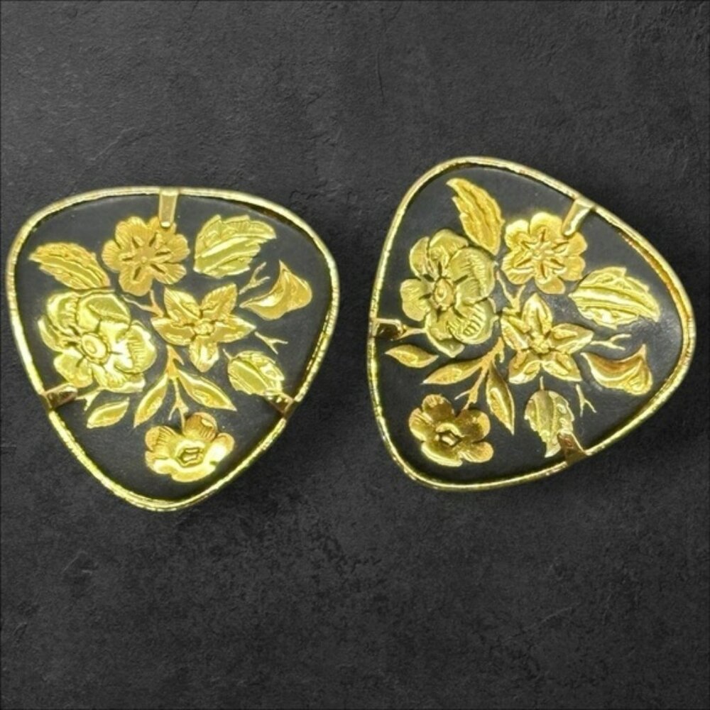 Vintage Damascene Gold Floral Clip-On Earrings